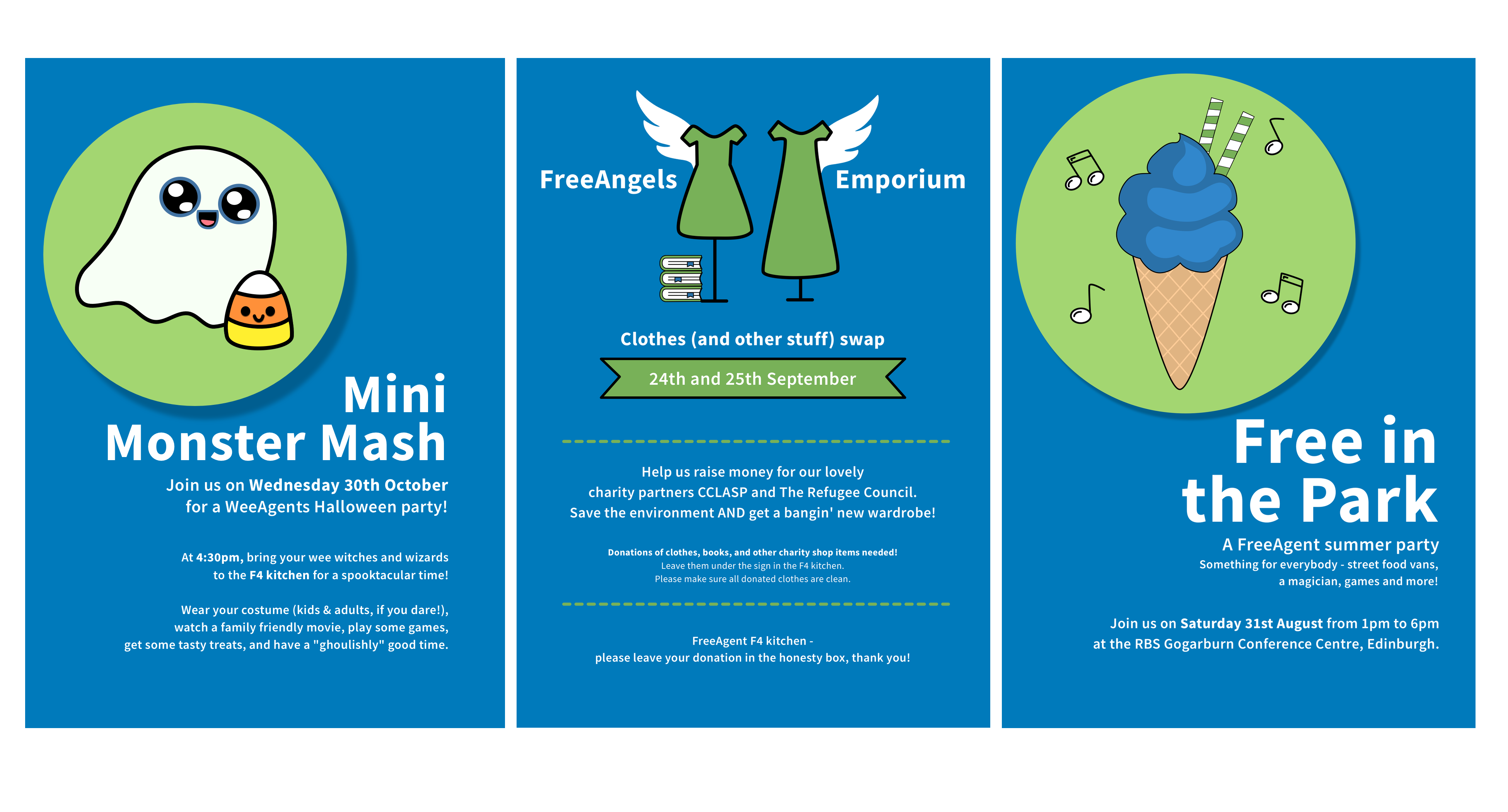 three posters of various events